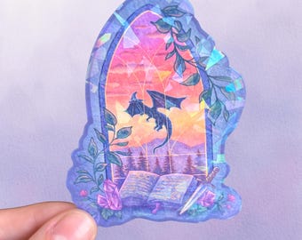 Fantasy Dragon Castle Stained Glass Window Vinyl Sticker | Holographic Fantasy Animal
