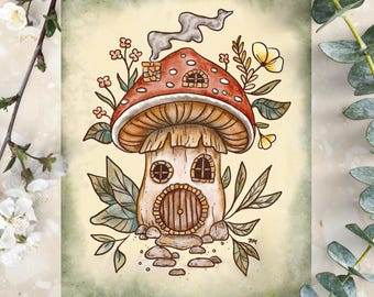 Mushroom House Art Print | Whimsical Cottagecore Decor