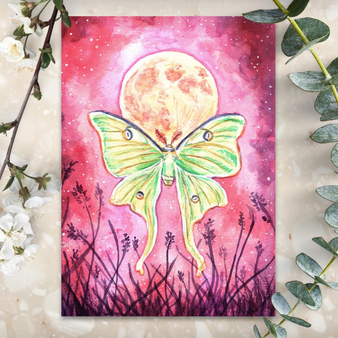Luna Moth Moon Art Print | Witchy Magical Wall Decor - Etsy
