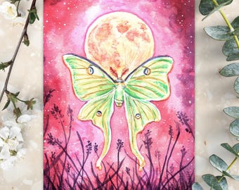Luna Moth Moon Art Print | Witchy Magical Wall Decor
