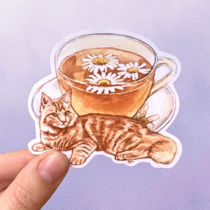 Chamomile Tea Cat Sticker | Cottagecore Orange Tabby Vinyl Decal