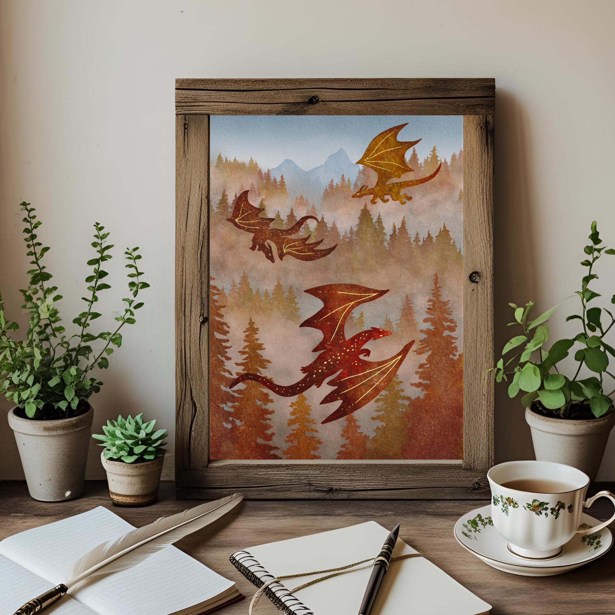 Fantasy Flying Dragon Mountain Art Print | Forest Nature Wall Decor - Etsy