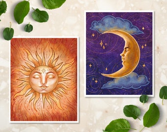 Sun and Moon Art Print Set | Witchy Spiritual Decor | Celestial Set of 2 Art Prints