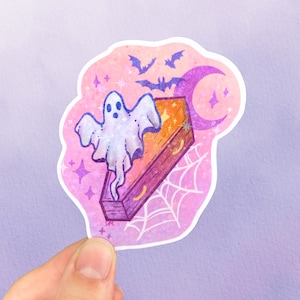 Holographic Ghost Coffin Sticker | Pastel Halloween Moon Vinyl Sticker | Cute Goth Sticker For Water Bottle