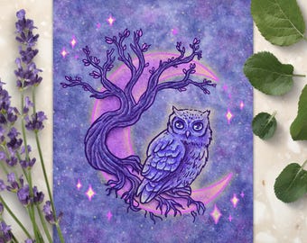 Celestial Owl Moon Art Print | Woodland Animal Nature Wall Decor