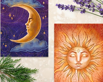 Sun and Moon Art Print Set: Celestial Witchy Decor