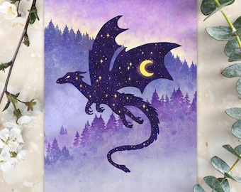 Celestial Purple Dragon Art Print | Whimsigoth Nature Animal Art Home | Forest Creature Wall Decor