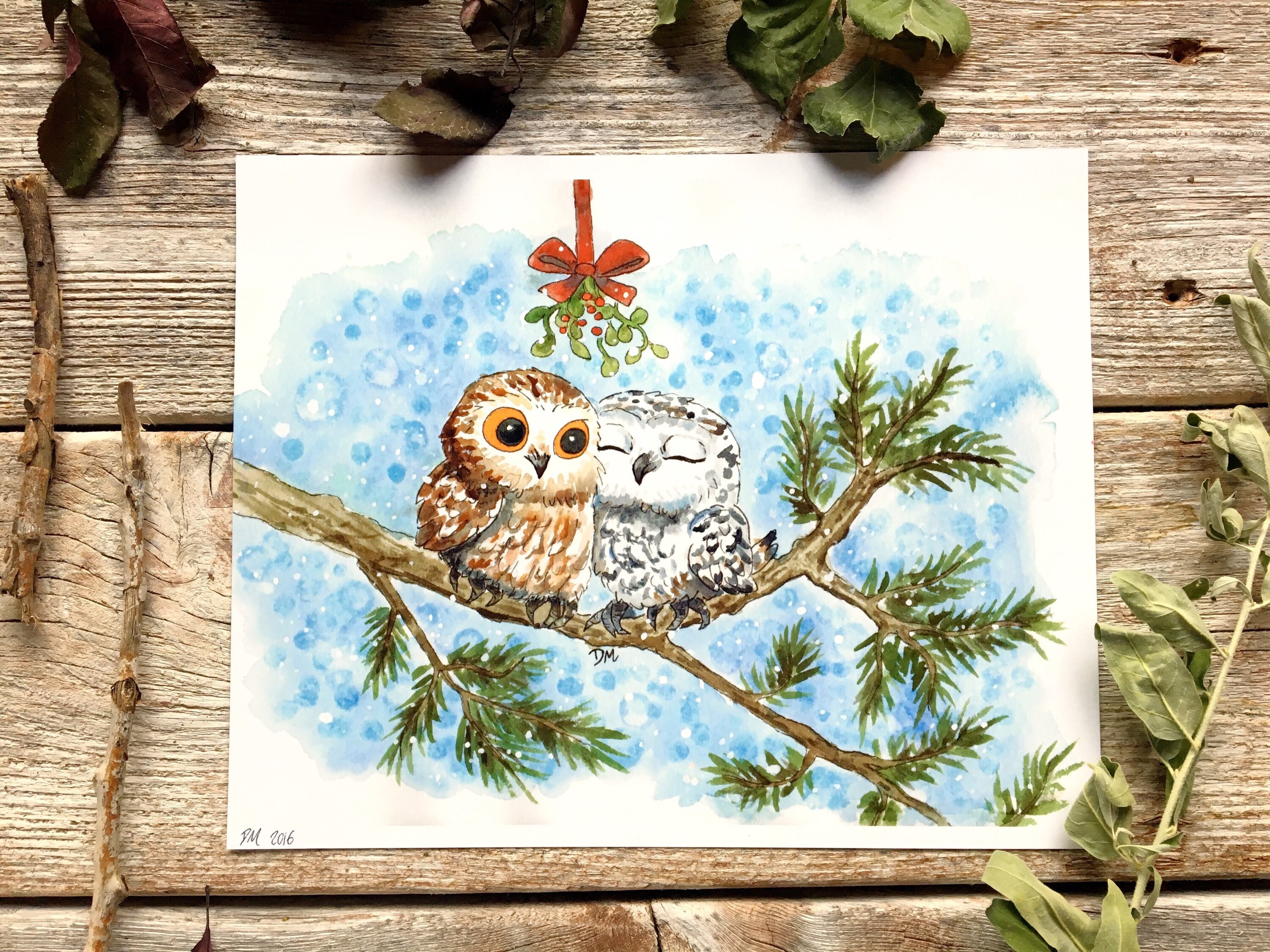 Christmas owl couple art print 8 x 10  etsy