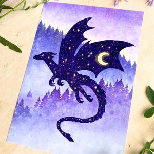 May include: A watercolor print featuring a dark blue dragon silhouette filled with stars and a crescent moon. The dragon is set against a backdrop of a purple forest and sky. The artwork has a whimsical, fantasy theme.