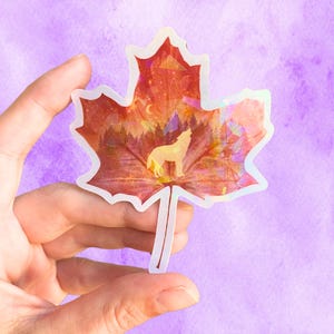 Holographic Leaf Howling Wolf Sticker | Fall Animal Vinyl Sticker | Cute Forest Nature Sticker For Water Bottle