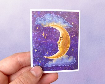Holographic Crescent Moon Star Art Sticker | Witchy Aesthetic Celestial Holo Sticker |  Spiritual Vinyl Stickers For Water Bottle