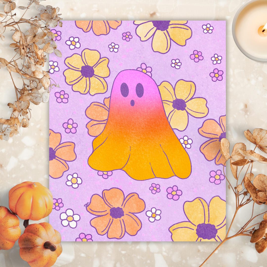 Cute Spooky Ghost Art Print Halloween Floral Wall Art Decor Hippie ...