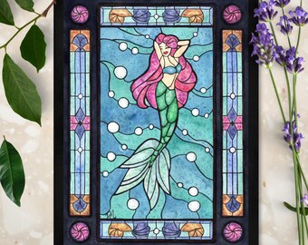 Fantasy Mermaid Stained Glass Ocean Beach Print Wall Decor