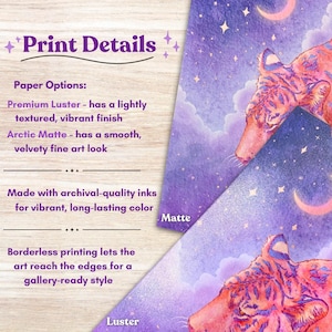 May include: Two art prints featuring a watercolor tiger illustration against a starry purple sky with crescent moons. The prints are labeled "Matte" and "Luster" with details about paper options and archival inks.