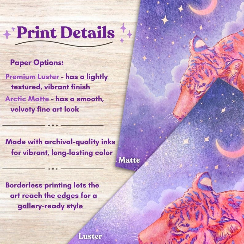 May include: Two art prints featuring a watercolor tiger illustration against a starry purple sky with crescent moons. The prints are labeled "Matte" and "Luster" with details about paper options and archival inks.