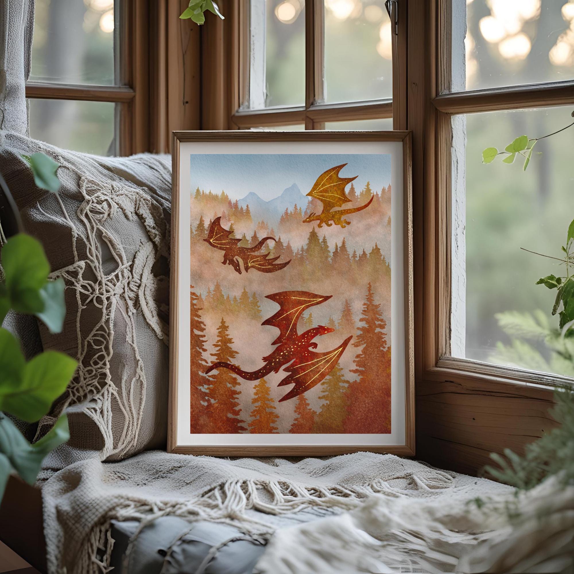 Fantasy Flying Dragon Mountain Art Print | Forest Nature Wall Decor - Etsy