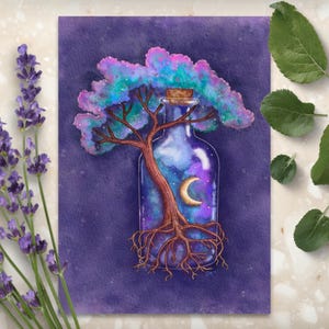 Fantasy Tree Bottle Art Print: Enchanted Galaxy Moon Decor
