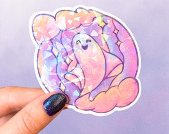 Holographic Cute Ghost Vinyl Sticker | Stained Glass Pastel Pink Halloween Art