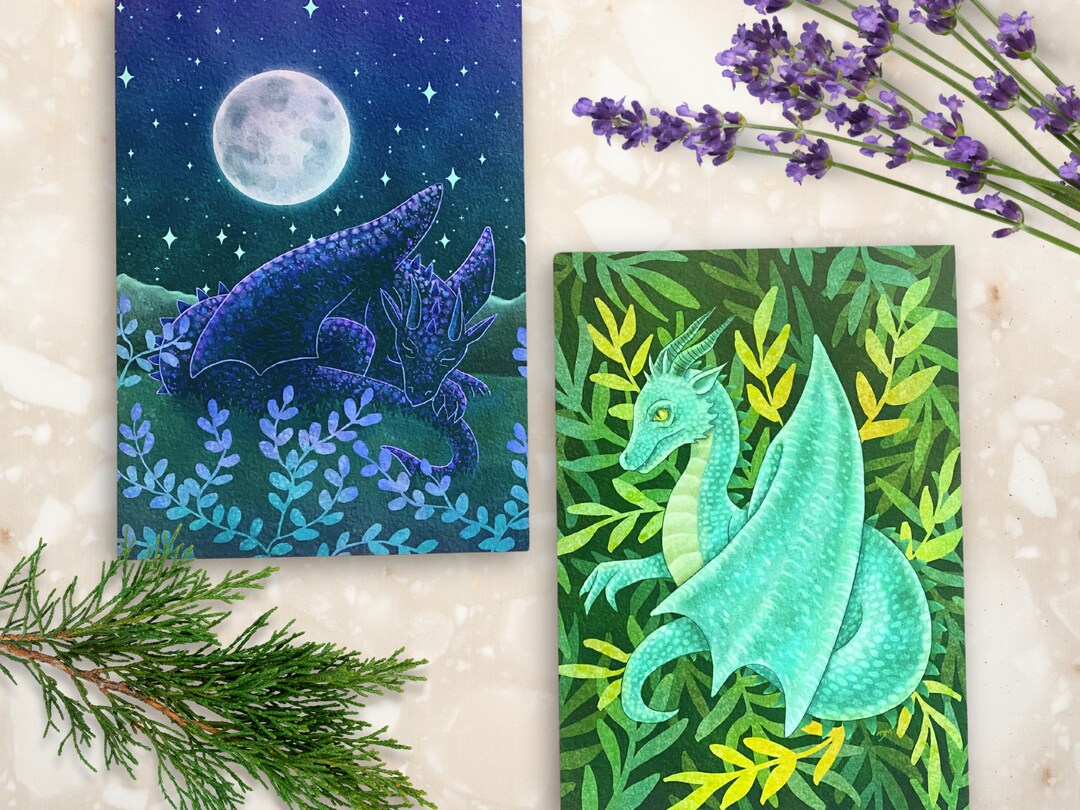 Whimsical Dragon Art Print Set | Celestial Fantasy Wall Decor (set of 2 ...