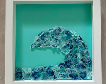 Framed Lake Erie Beach Glass Wave Art, Coastal Home Decor, Shadow Box Ocean Scene