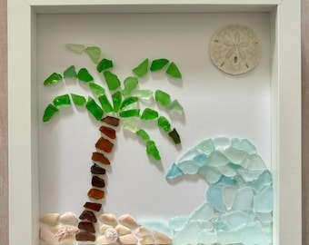 Framed Lake Erie beach glass art, beach glass art, wave art, beach glass wave