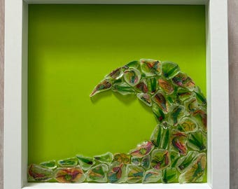 Framed Lake Erie beach glass art, beach glass art, wave art, beach glass wave