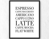 Coffee Printable. Typographic Print. Coffee Types Wall Art. Coffee Guide Poster. Kitchen Wall Decor. Espresso Art. Latte Poster. JPG, PNG