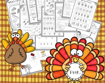 May include: A set of printable Thanksgiving-themed worksheets for preschoolers. The worksheets feature turkeys, pumpkins, and other fall-themed images. The worksheets include activities such as counting, coloring, and matching.