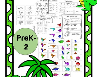 May include: A set of printable dinosaur-themed educational worksheets for preschool and kindergarten. The worksheets include activities such as counting, addition, subtraction, patterns, and identifying spots, stripes, and spikes.
