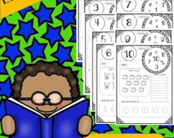 May include: A cartoon illustration of a child wearing glasses reading a blue book. The image includes a set of educational worksheets with numbers 1-10, and the text "Emergency Sub Plans" and "Numbers 1-10". The background is green with blue stars.