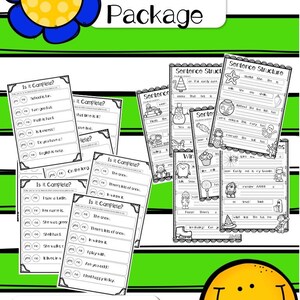 Könnte beinhalten: Schwarz-weiße druckbare Arbeitsblätter zum Unterrichten von Grammatik für Kinder. Die Arbeitsblätter zeigen winterliche Illustrationen und den Text "Is it Complete?" und "Sentence Structure".