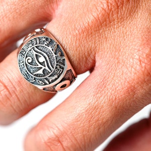 Joyería egipcia Jeroglíficos Ojo de Horus Udjat Ankh Giza Pirámide Artesanal Plata esterlina 925 Anillo