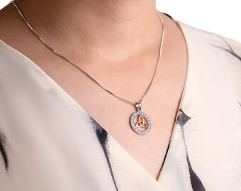 Rose Gold Plated Celtic Triquetra Knot with Clear Cubic Zirconia Sterling Silver Charm Pendant