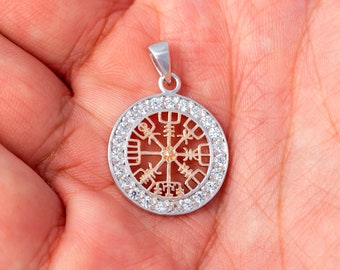 Rose Gold Plated Viking Vegvisir with Clear Cubic Zirconia Sterling Silver Solid Charm Pendant