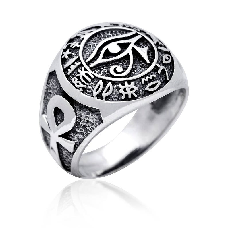 Egyptian Jewellery Hieroglyphs Eye of Horus Udjat Ankh Giza Pyramid Handcrafted Sterling Silver 925 Ring