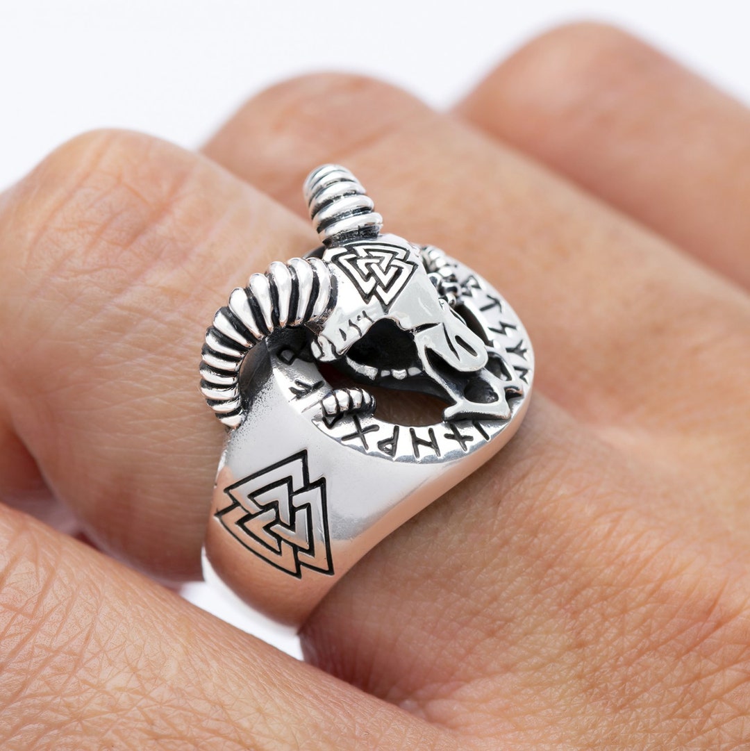 Viking Ram Goat Skull Head Valknut Runes 925 Sterling Silver Pagan Ring ...