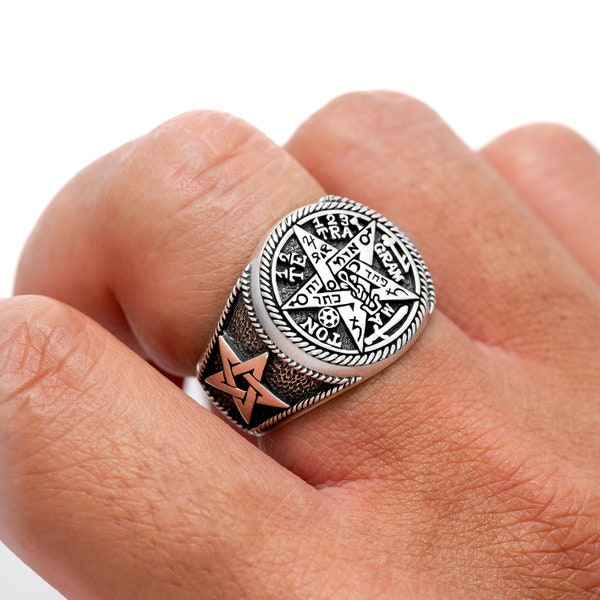 Tetragrammaton Pentagram Star Solomon Bague en argent sterling 925 avec symboles sacrés de la Kabbale hébraïque