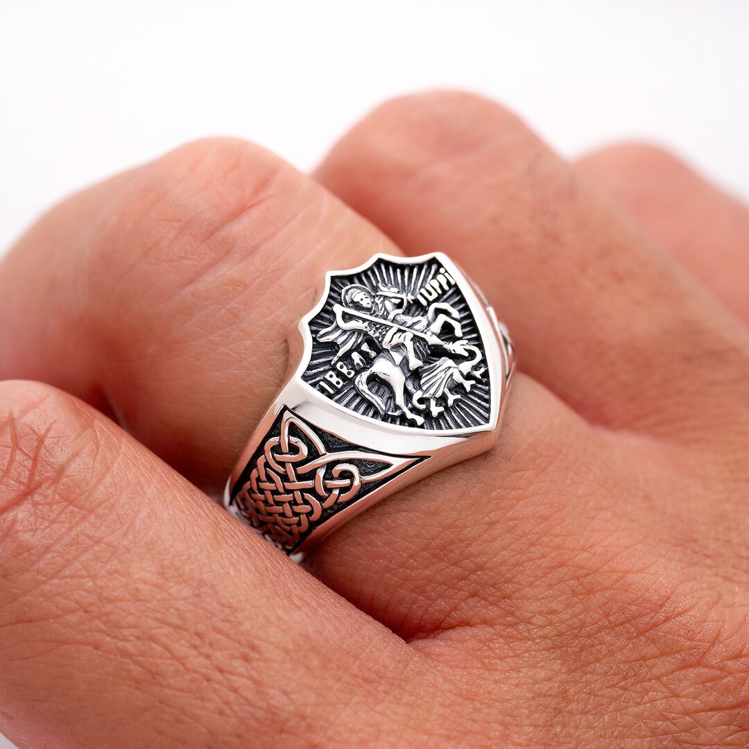 Saint St George Roman Knight Slaying Dragon 925 Sterling Silver Signet ...
