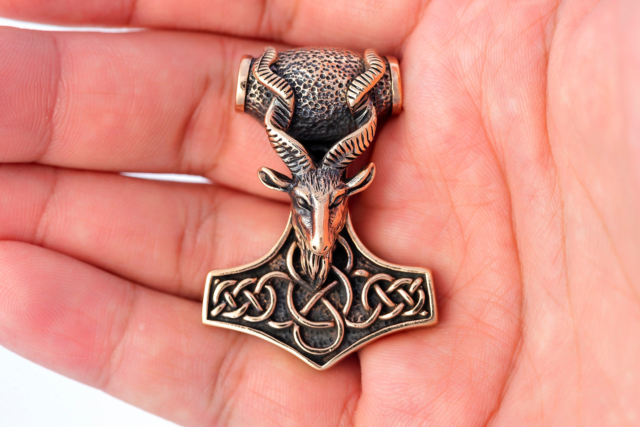 Handcrafted Bronze Thor Hammer Mjolnir Viking Ram Goat Knotwork Amulet Pendant