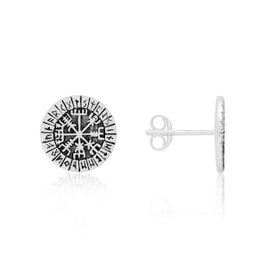 Viking Vegvisir Compass Old Norse Runes Futhark Sterling Silver Stud Shieldmaiden Earrings Set