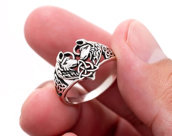 Viking Pair of Wolves Fenrir Triquetra Wolf Unisex Sterling Silver Pagan Ring