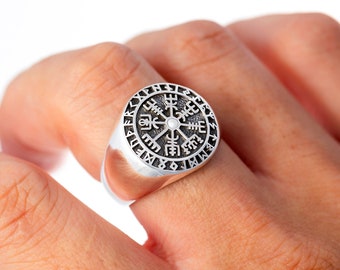 Vegvisir Viking Wikinger islandais Runes Asatru Compass Norse Sterling Silver Ring