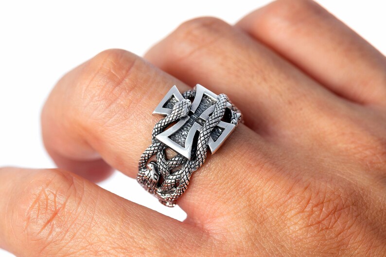 Iron Cross Snake Serpent Masonic Biker 925 Sterling Silver Handcrafted ...