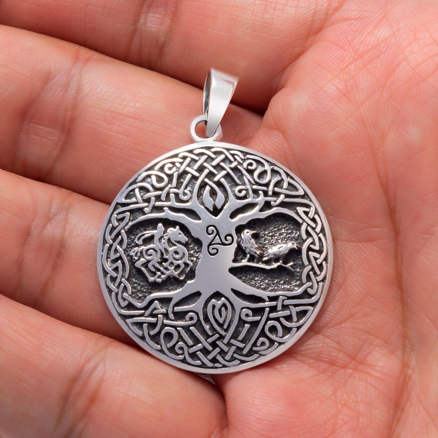 Ciondolo Norreno Yggdrasil Con Lupo E Corvo In Argento 925 - Fatto A Mano (Magic Cat UK)