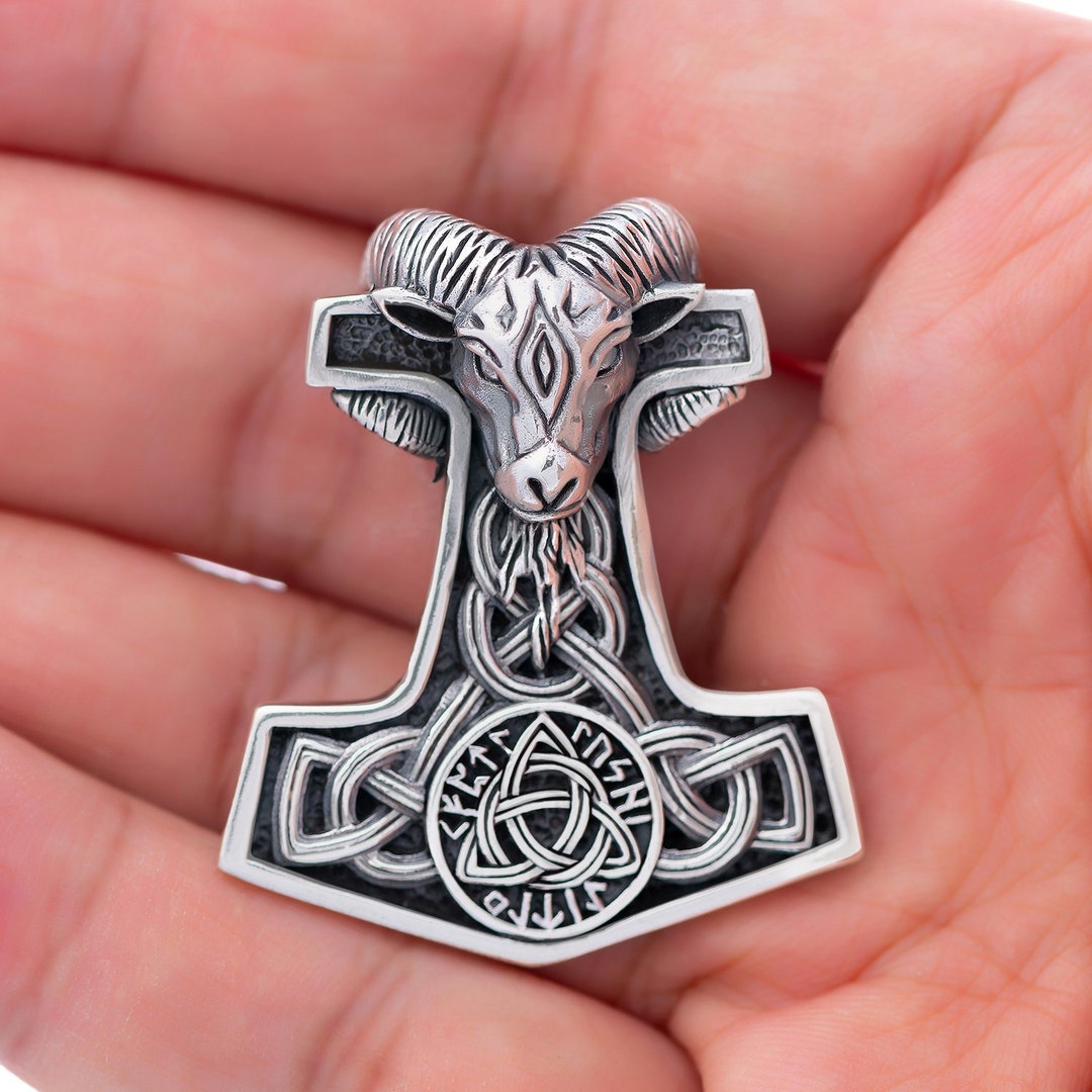 Thor's Goats Rune Viking Thor Hammer Mjolnir Ram Goat Head Runes Triquetra Knotwork 925 ...