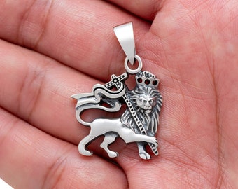 Rastafarian Lion of Judah Haile Selassie Ethiopian Sterling Silver 925 Judaica Rasta Solid Pendant