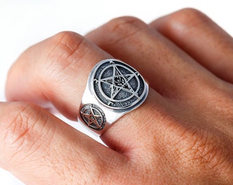 Sigil of Baphomet Inverted Pentagram Sterling Silver 925 Satanic Satan Ring