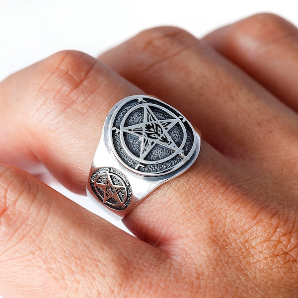 Sigil of Baphomet Inverted Pentagram Sterling Silver 925 Satanic Satan Ring