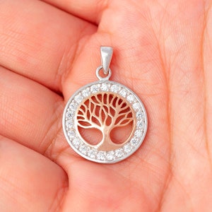 Colgante de árbol de la vida Yggdrasil vikingo chapado en oro rosa con circonita cúbica transparente de plata esterlina sólida