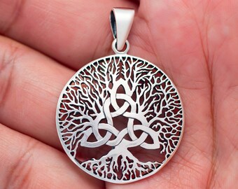 Celtic Triquetra Knot with Viking Yggdrasil Tree of Life Sterling Silver 925 Handcrafted Pagan Pendant